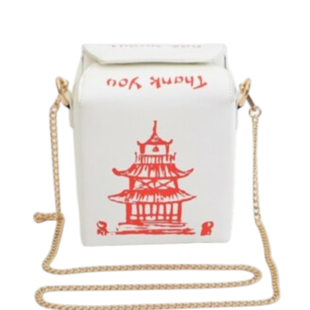 Novelty Chinese Takeout Box Crossbody Purse - White with Red Pagoda Print & Gold
